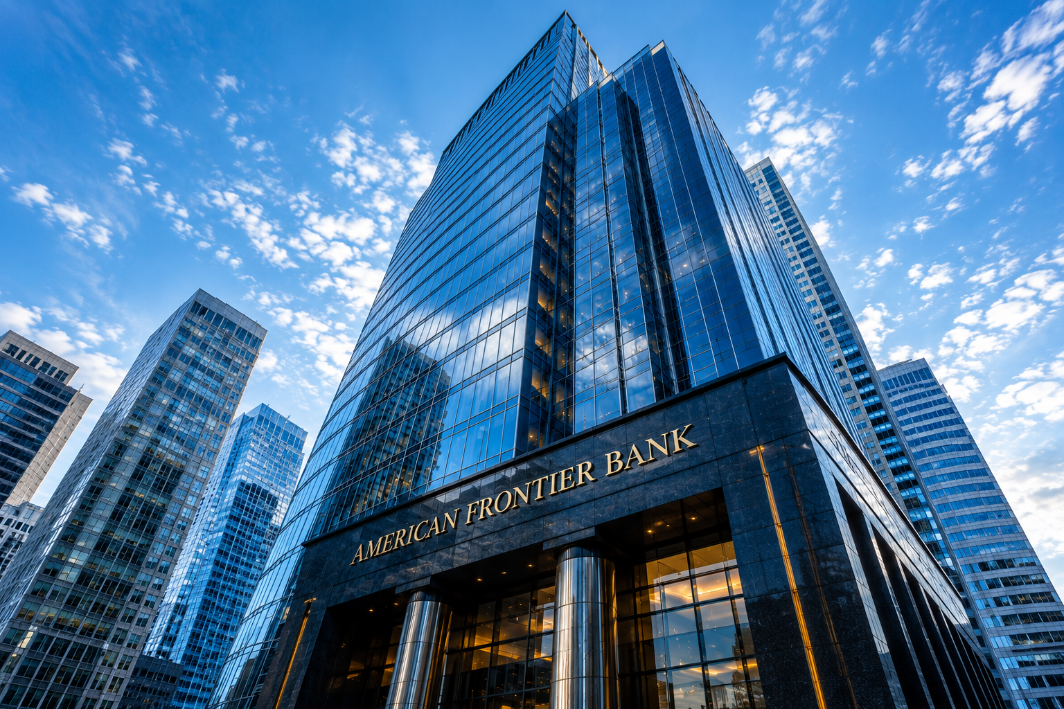 American Frontier Bank corporate headquarters tower at dusk
